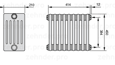 Схема (чертеж) Радиатор Zehnder Charleston 6045/9 №7610 Белый глянцевый RAL 9016